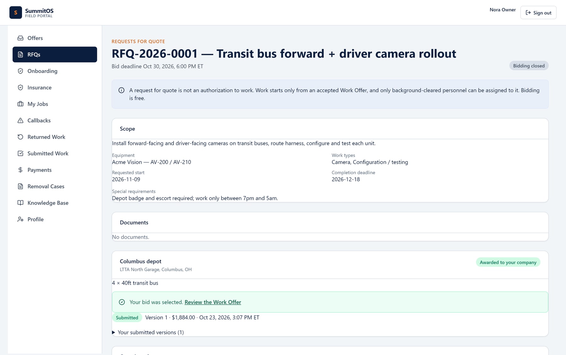 SummitOS RFQ showing a package awarded to the contractor's company