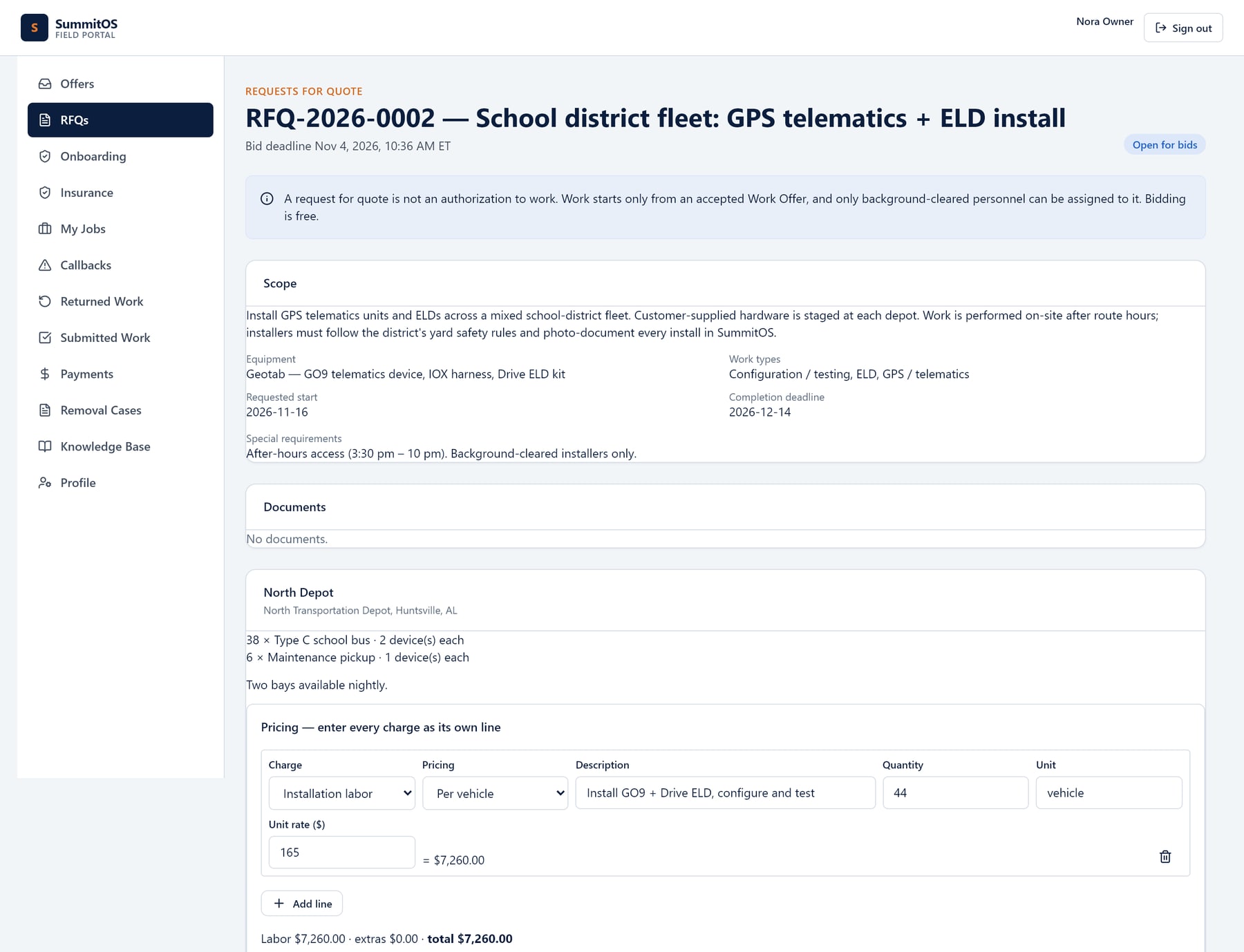 SummitOS bid editor with an itemized installation labor line and a running total