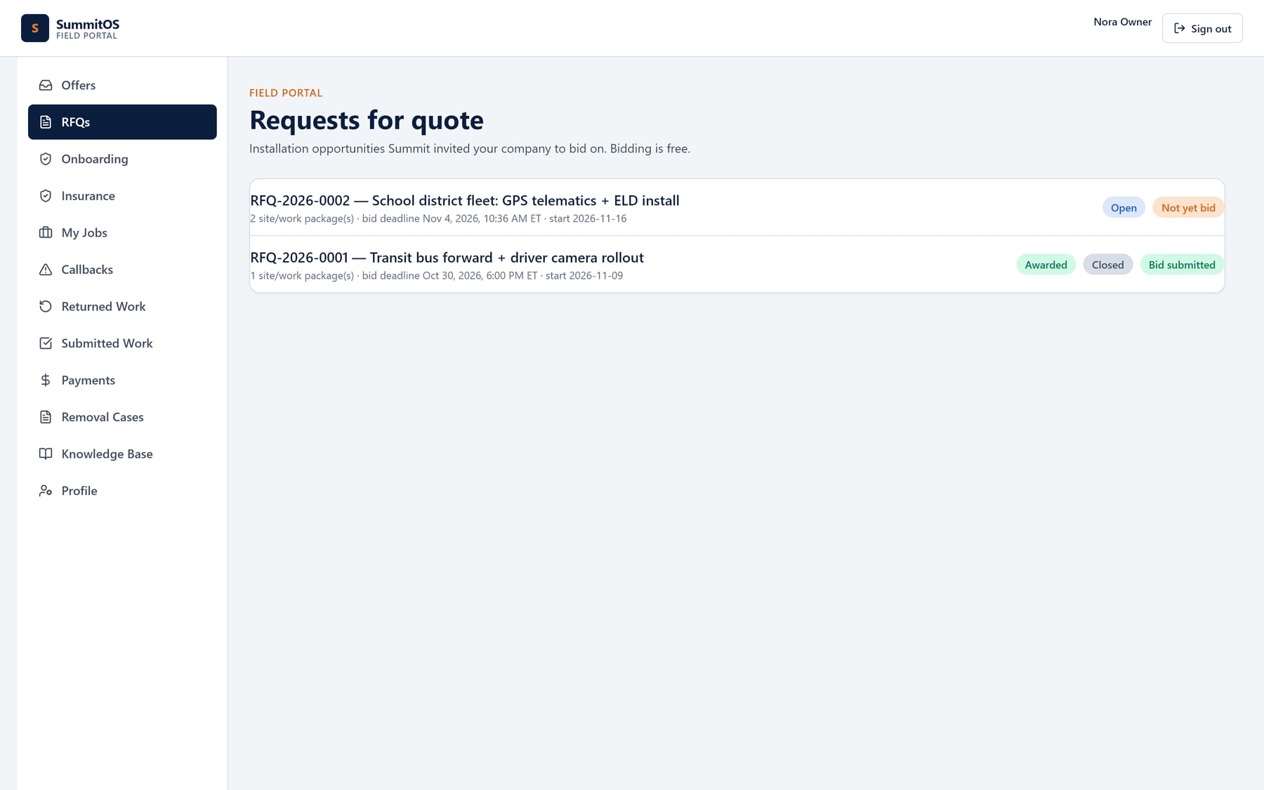 SummitOS Requests for quote list showing an open RFQ and an awarded RFQ